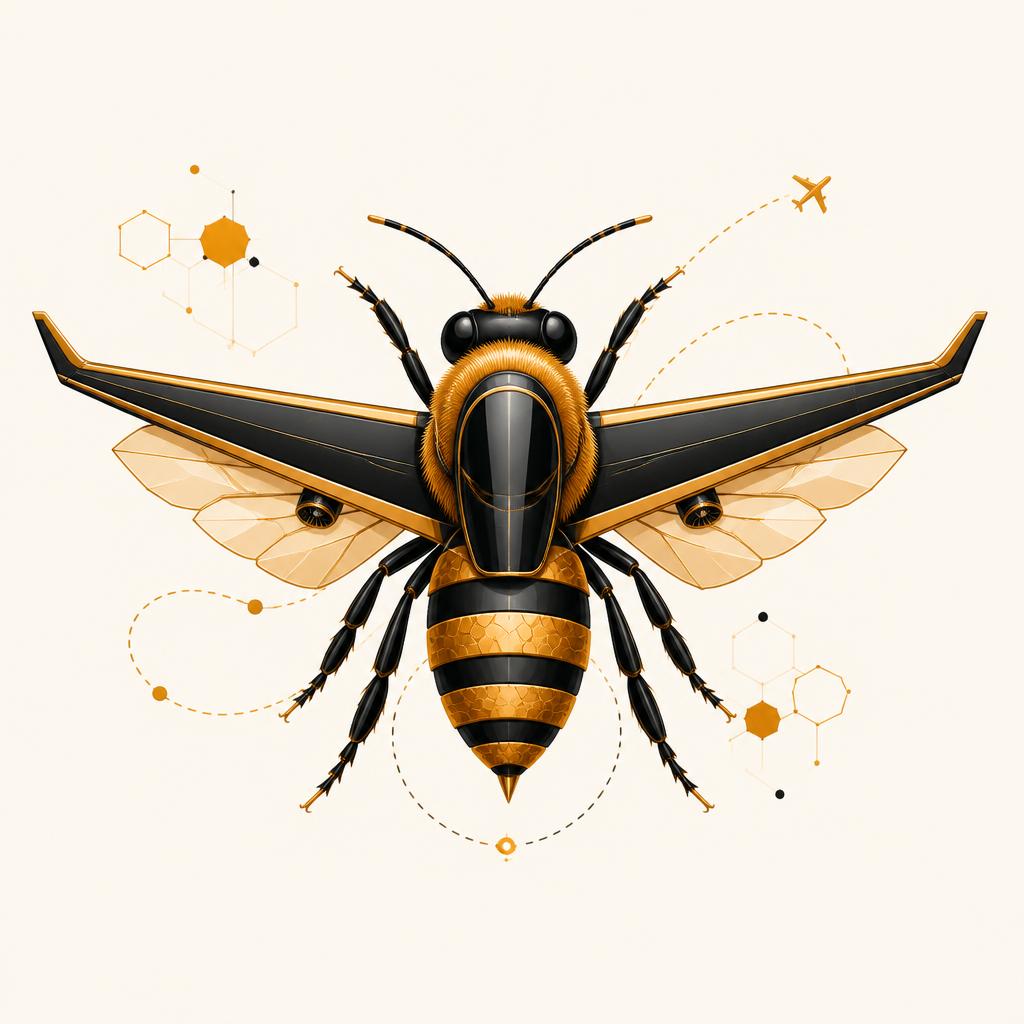 Abeja Airbee con alas de aeronave y rutas de vuelo conectadas