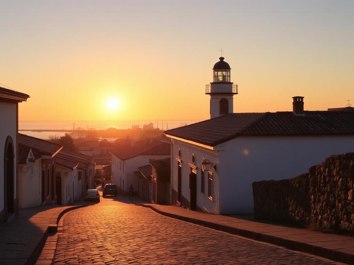 Calle empedrada del casco histórico de Colonia del Sacramento al atardecer