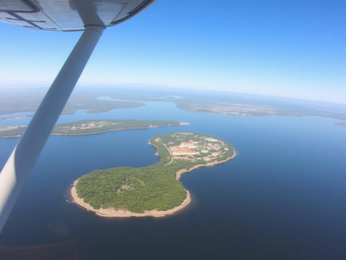 Vista aérea de la isla Martín García sobre el Río de la Plata